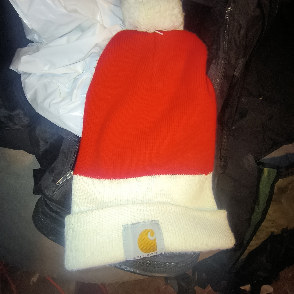 Carhartt Unisex Red and Cream Pom-Pom Beanie.Santa